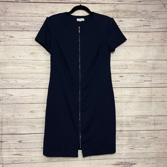 Calvin Klein navy Blue Zip Up Pencil Dress w Shoulder Pads Sz 8 - Picture 1 of 7